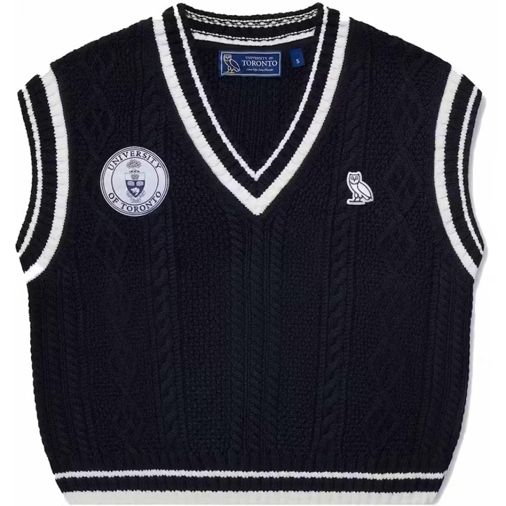 OVO x UofT Women's Cable Knit Sweater Vest Navy White 100% Cotton Large - Picture 2 of 8